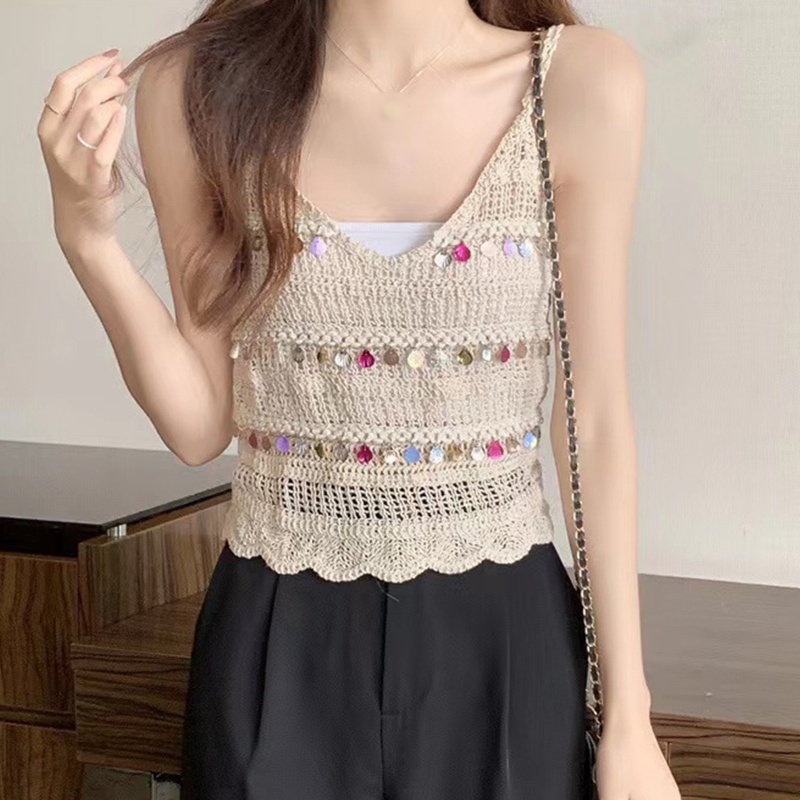 Youyo Áo Croptop Dệt Kim Hai Dây Tua Rua Đính Kim Sa Phong Cách Boho Mùa Hè Cho Nữ