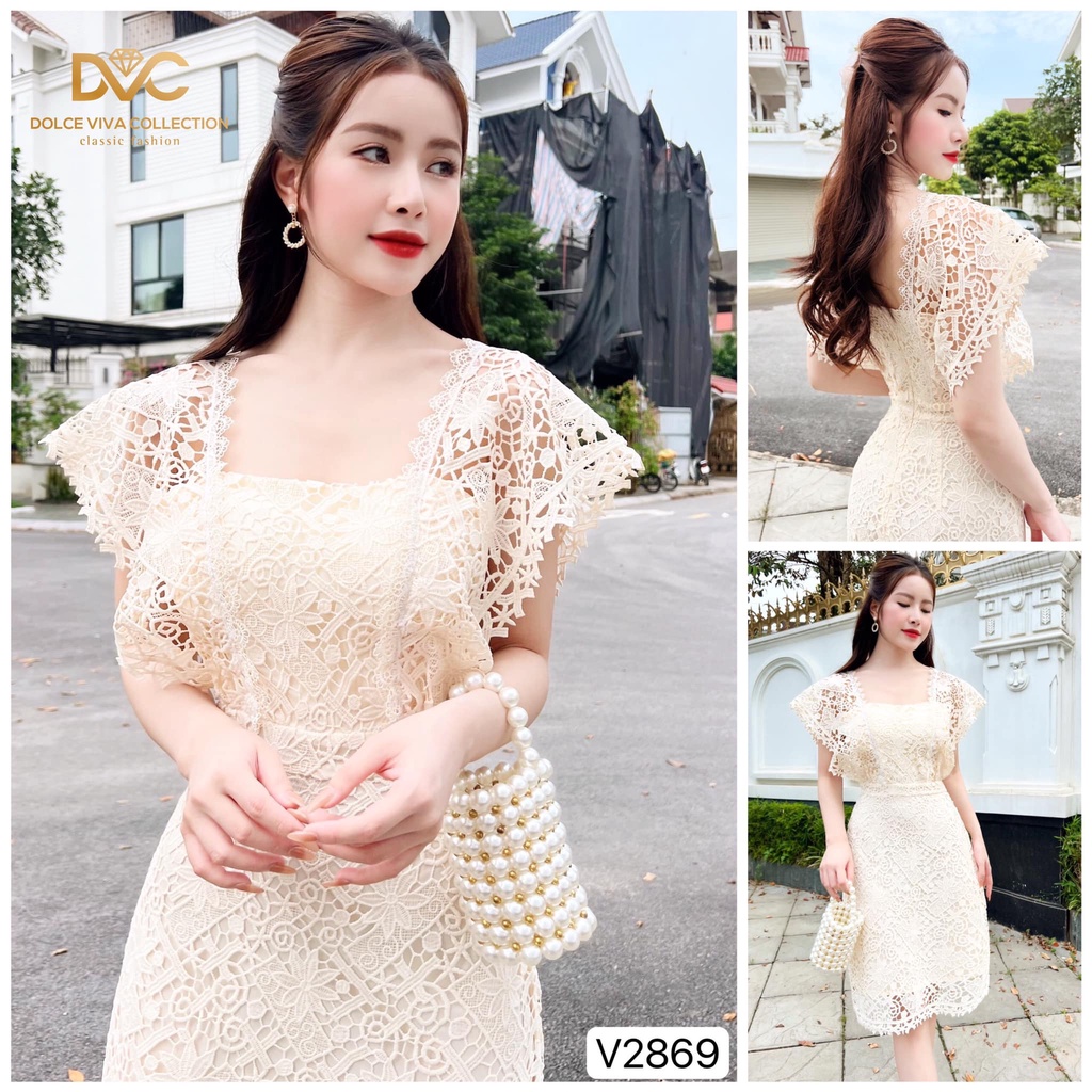 Váy chữ A ren kem cánh tiên cổ vuông siêu xinh V2869