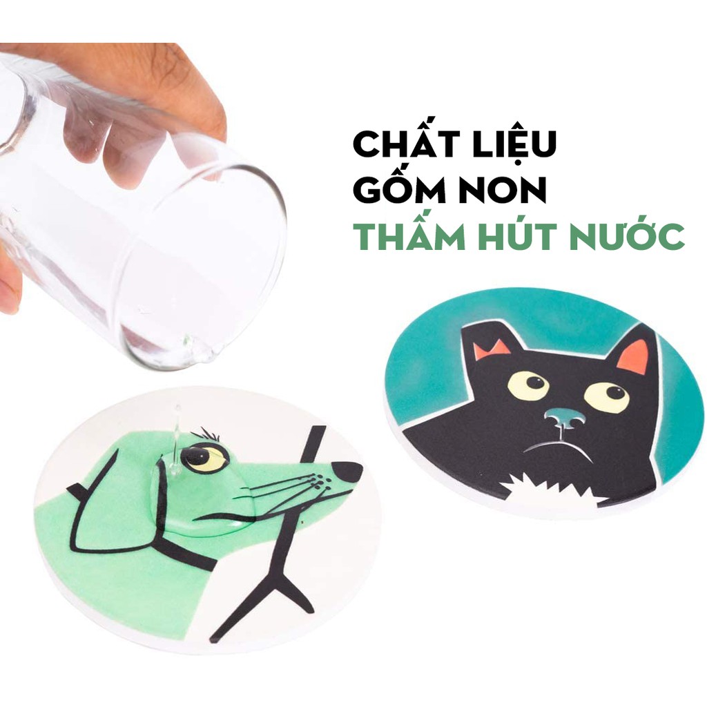 Đế lót ly, tấm lót cốc thấm nước bằng gốm non cao cấp - Cute Dog