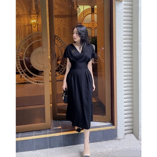COEM | Váy Đầm Nữ Thiết Kế Cao Cấp Cổ Xẻ Chiết Eo Tôn DánG, Đầm Midi Chất Liệu Linen Sang Trọng Phù Hợp Hẹn Hò - YÊN ĐEN