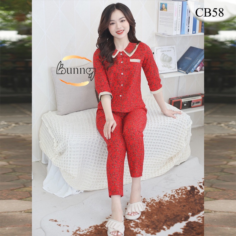 Đồ bộ nữ mặc nhà chất liệu Chà Bông mặt mịn dày dặn, cổ kép họa tiết xinh fom dáng đẹp