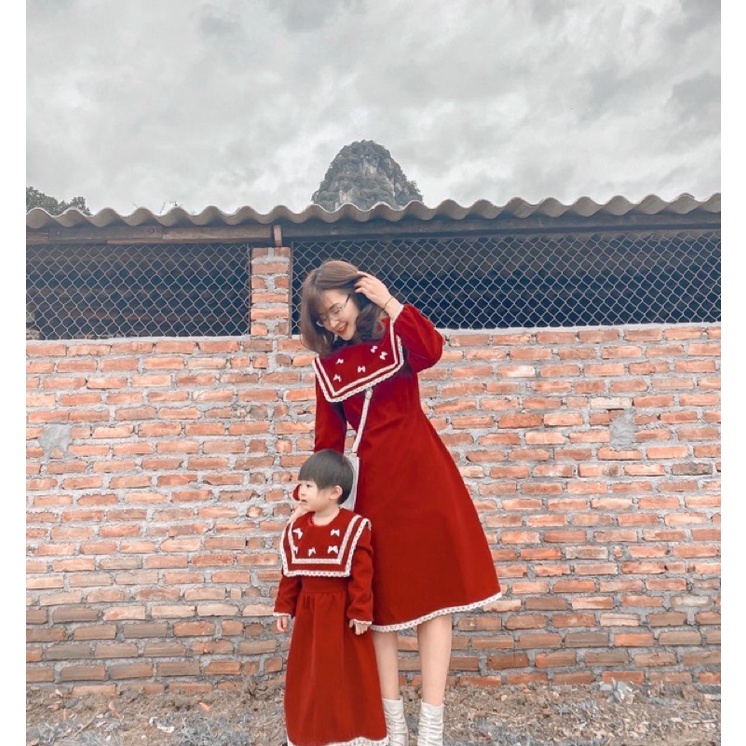 V2335, V2336 Váy nhung thủy thủ suông dài tiều thư đôi mẹ và bé - Dolce viva colection
