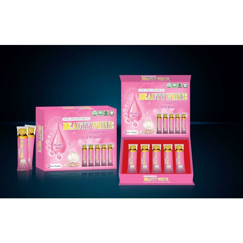 Nước uống sáng đẹp da BEAUTY WHITE COLLAGEN NANO PLUS Cúc la mã Sakura Aloe vera - Hộp 15 túi x 25ml