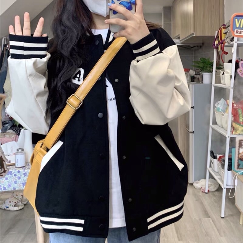 Áo khoác Bomber dạ mix tay da nữ sinh