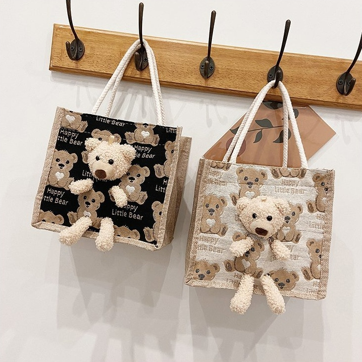 Túi vải canvas mini đựng hộp cơm trưa họa tiết kèm gấu siêu yêu dấu