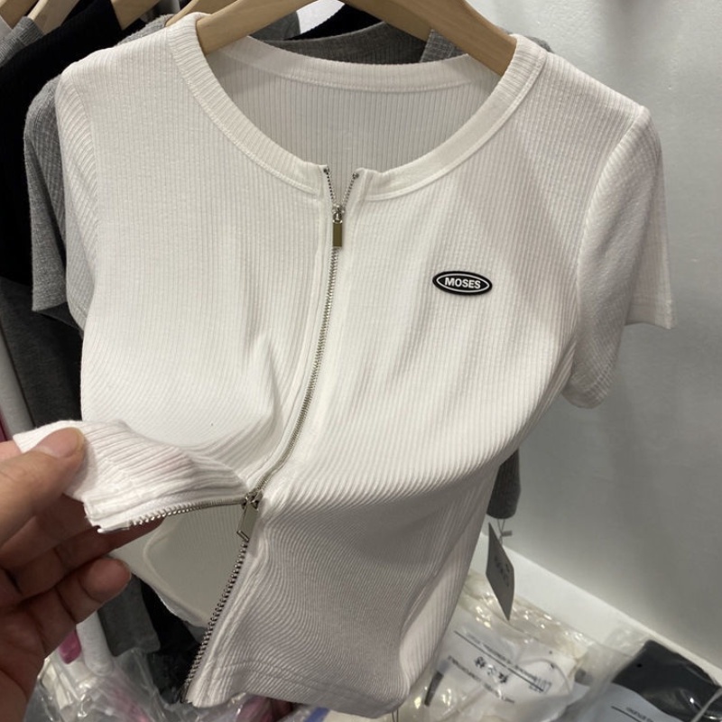 Áo thun BH tay ngắn cổ tròn màu trơn phối khóa kéo đôi thời trang cho nữ màu sắc