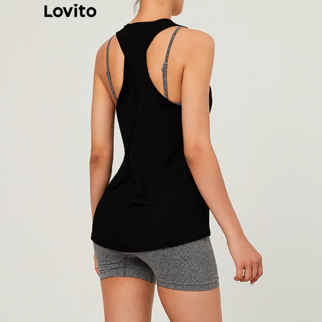 Áo thể thao Lovito trơn cắt lỗ bắt chéo cổ chữ U L03073 (màu đen)