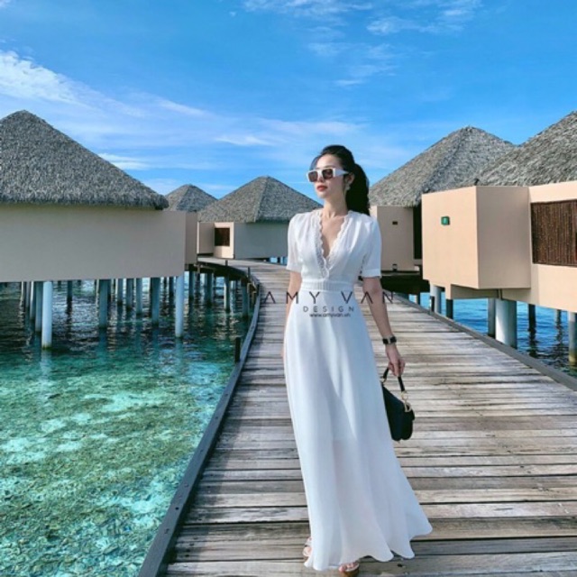 Maxi tay con cổ V phối ren