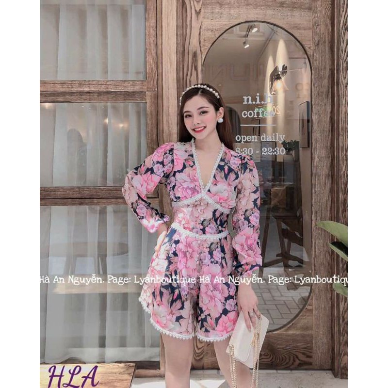 JumpSuit Hoa Viền Ren Kết Nút Cổ V ( có ảnh thật )