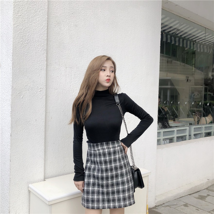 IELGY Áo Thun Tay Dài Cổ Cao Màu Sắc Đơn Giản