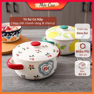 Tô sứ có tay cầm, tô ăn mì kèm nắp họa tiết cherry, chanh vàng 850ml phong cách Bắc Âu sang trọng