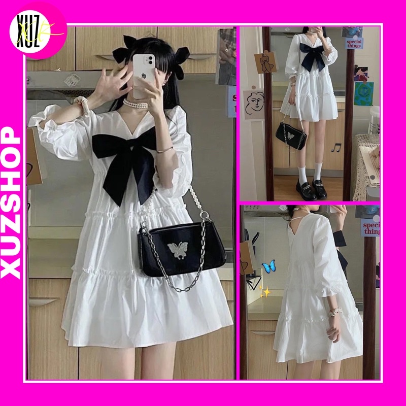 Đ3 Đầm Váy Babydoll Trắng Nơ Đen Dáng Xoè Tay Bồng Lửng