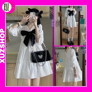 Đ3 đầm váy babydoll trắng nơ đen dáng xoè tay bồng lửng