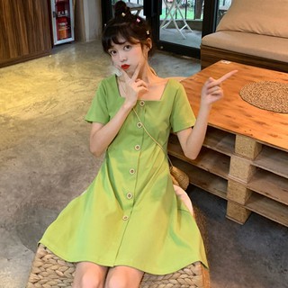 Đầm Dáng Chữ A Tay Ngắn Chiết Eo Màu Xanh Bơ Dễ Thương