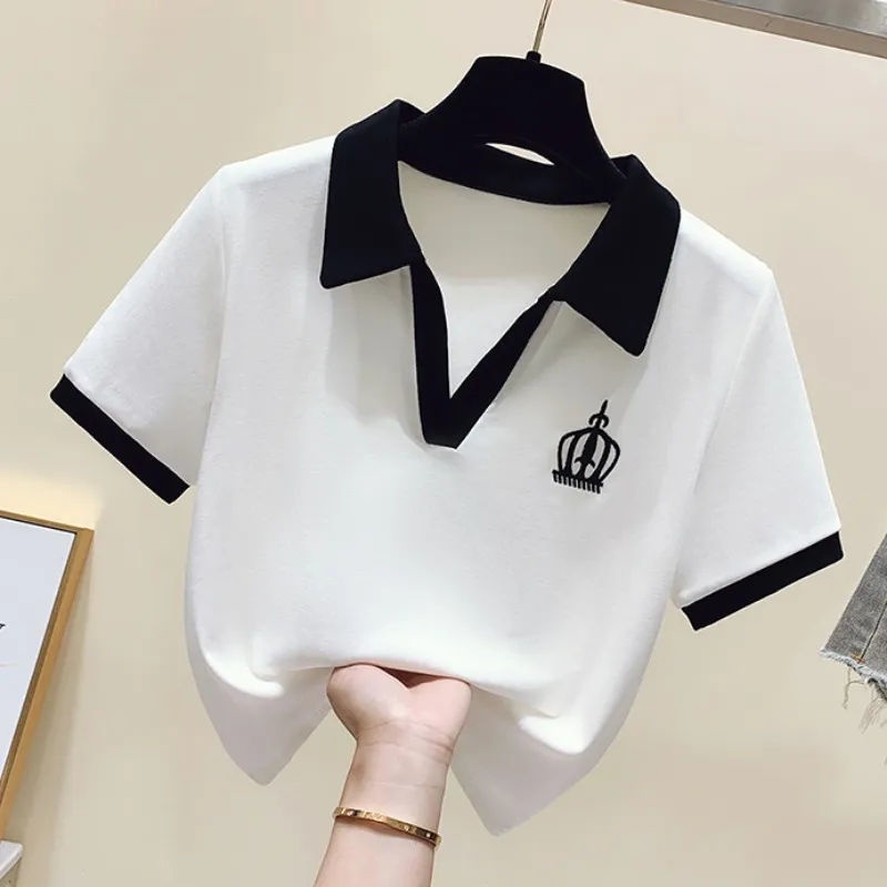Áo Thun polo Dệt Kim Tay Ngắn Cổ Chữ V Dáng Ôm Thời Trang Mùa Hè Xinh Xắn Cho Nữ