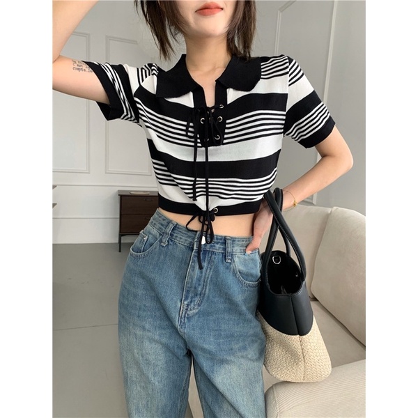 áo len dệt kim kiểu sọc cổ đức mix dây đan