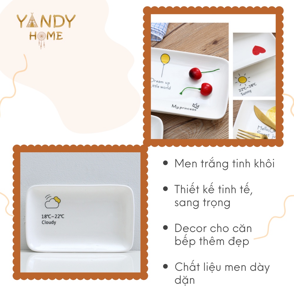 Đĩa gốm sứ YANDY HOME D02 hình chữ nhật men trắng bóng nhiều họa tiết dùng được trong lò vi sóng