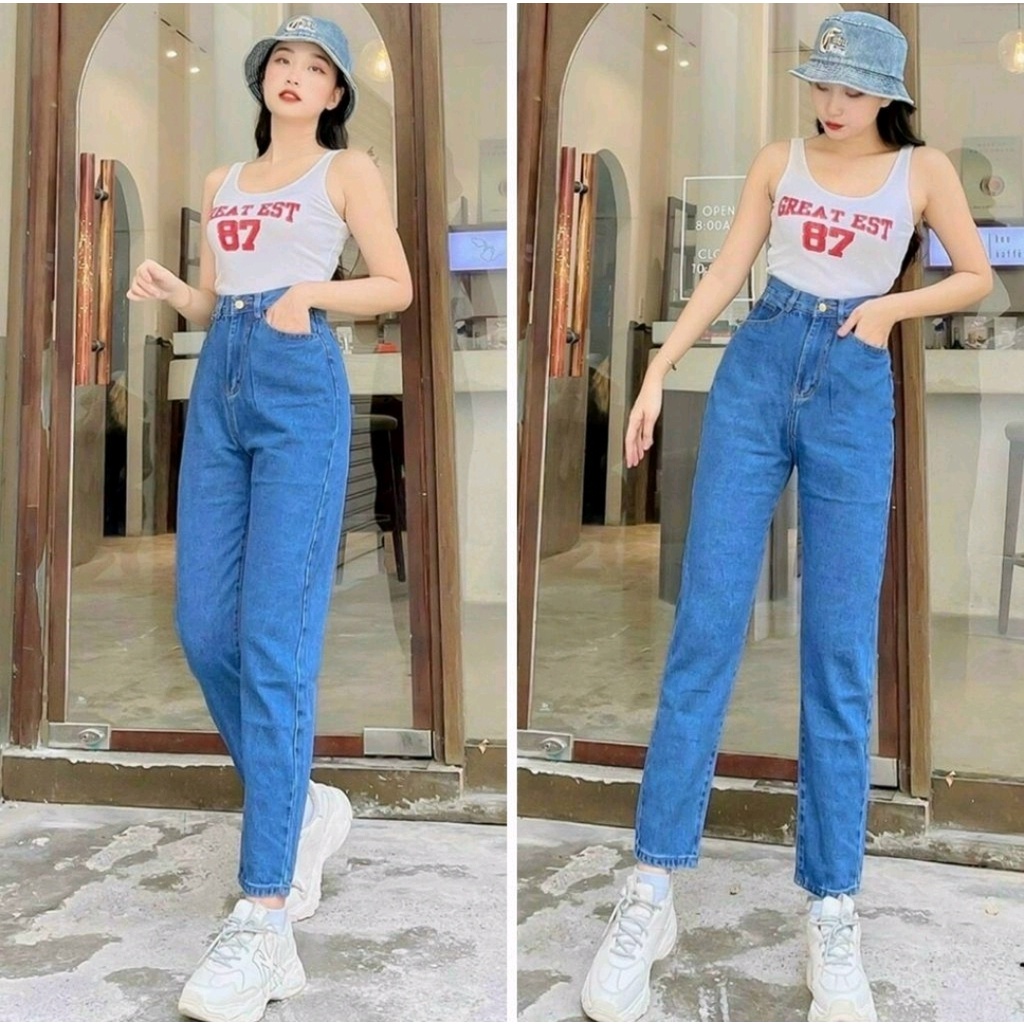 Quần baggy nữ màu xanh đậm trơn basic lưng cao - 435
