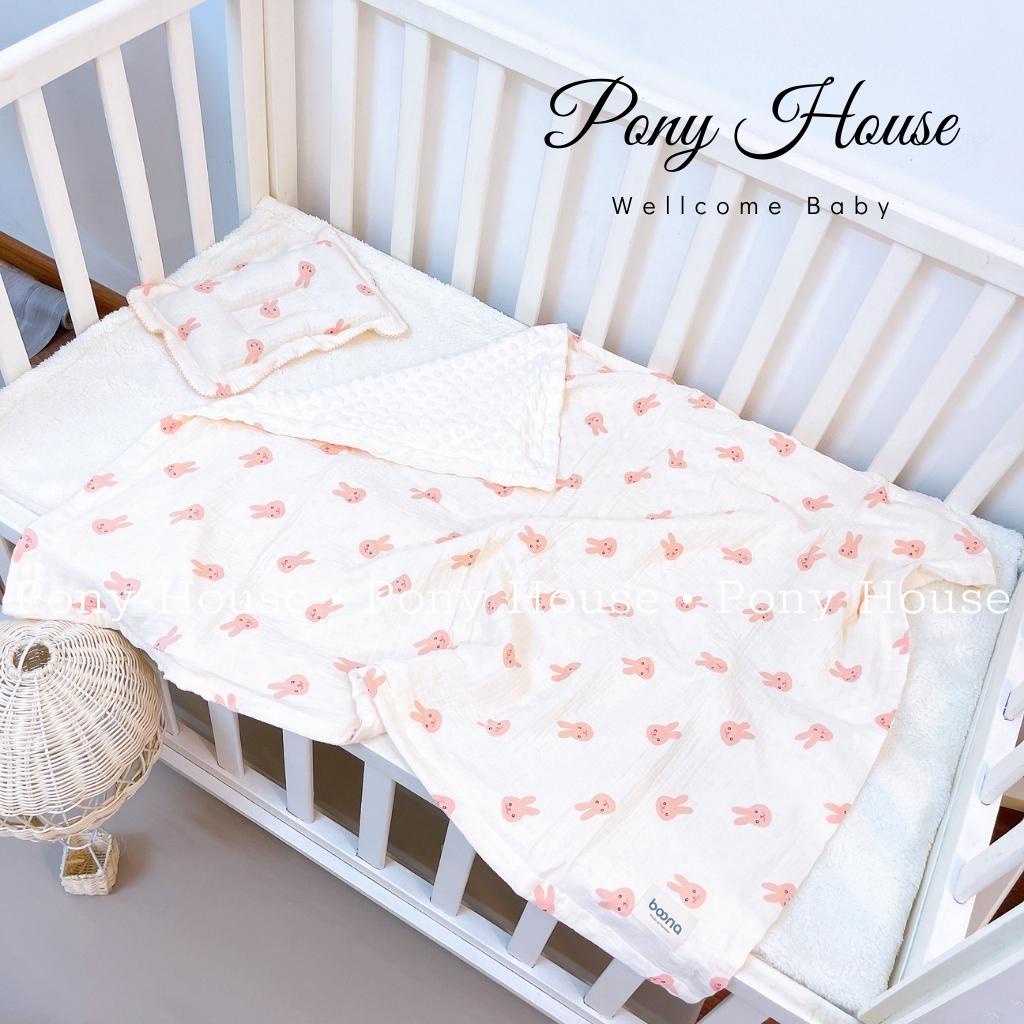 Chăn Nhung Boona Xô Muslin Kết Hợp Vải Nhung Bi Siêu Mềm Ấm Áp Cho Bé Sơ Sinh KT 90*110Cm