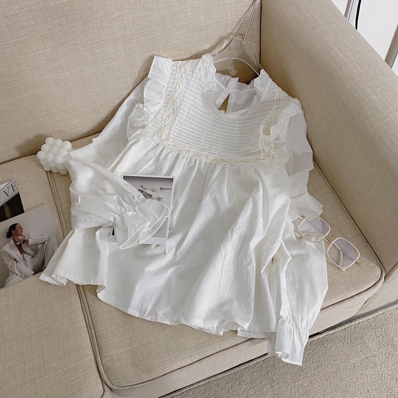 ÁO BABYDOLL TRẮNG XẾP LY TAY PHỒNG HÀN QUỐC (hình thật/có sẵn)
