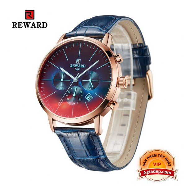 Đồng hồ thời trang nam 6 kim Reward - Mặt kính phản quang đổi màu - Xịn nhập khẩu (Máy Nhật, dây da xanh ngọc)