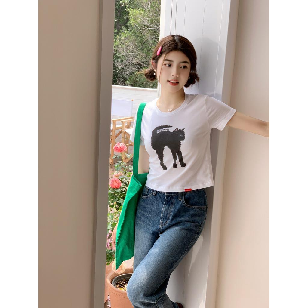 Áo Thun Cổ Tròn Họa Tiết Mèo Đen Phong Cách Hàn Quốc Thời Trang Mùa Hè 62389
