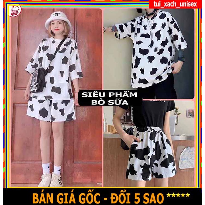 ❤️ GIÁ SIÊU CUTE ❤️ Set bộ bò sữa unisex - quần đùi áo phông tay lỡ vải thun và nỉ nam nữ họa tiết đen trắng hót 2021