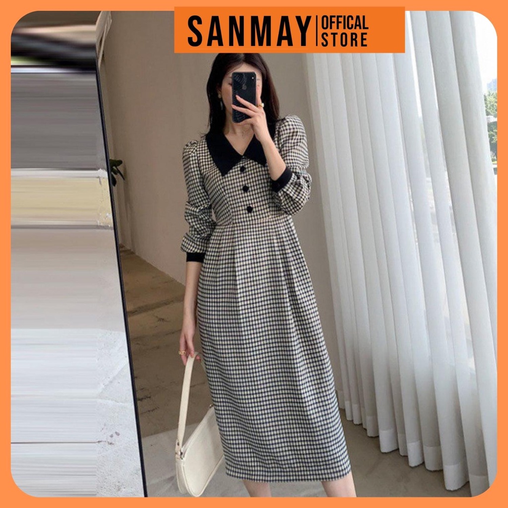 Váy Công Sở Kẻ Caro Dài Tay Dáng Suông SANJOLI Đầm Thiết Kế Bo Cổ Tay Sang Chảnh VD057 | BigBuy360 - bigbuy360.vn