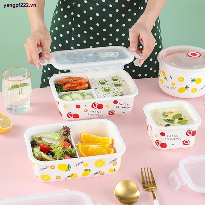 Hộp đựng cơm trưa ba ngăn bằng gốm có nắp đậy dùng được cho lò vi sóng văn phòng
