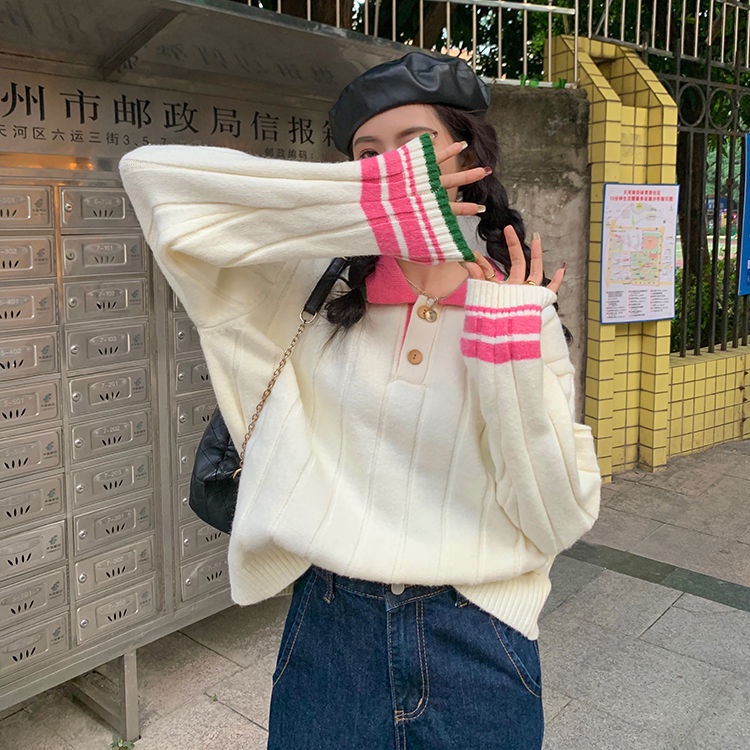 Áo Sweater Dệt Kim Cổ Polo Màu Sắc Tương Phản Thời Trang Thu Đông Cho Nữ