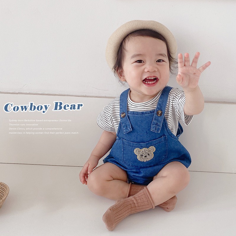 Yếm bò denim trẻ em họa tiết gấu, hàng quảng châu đẹp ( Size 66-73-80 )
