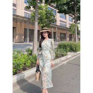 Đầm hoa tơ hàn - voan - cột eo