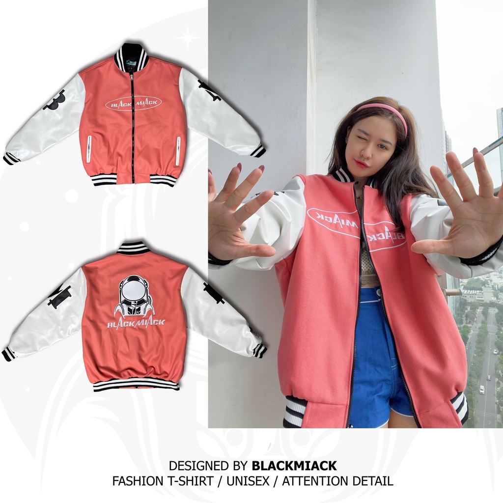 [BLAC100 giảm 100k cho đơn 700k] Áo Khoác Bomber Vasity Nỉ Dạ, tay Da, Full Thêu Nam Nữ màu Hồng- BLACKMIACK Jacket BM1