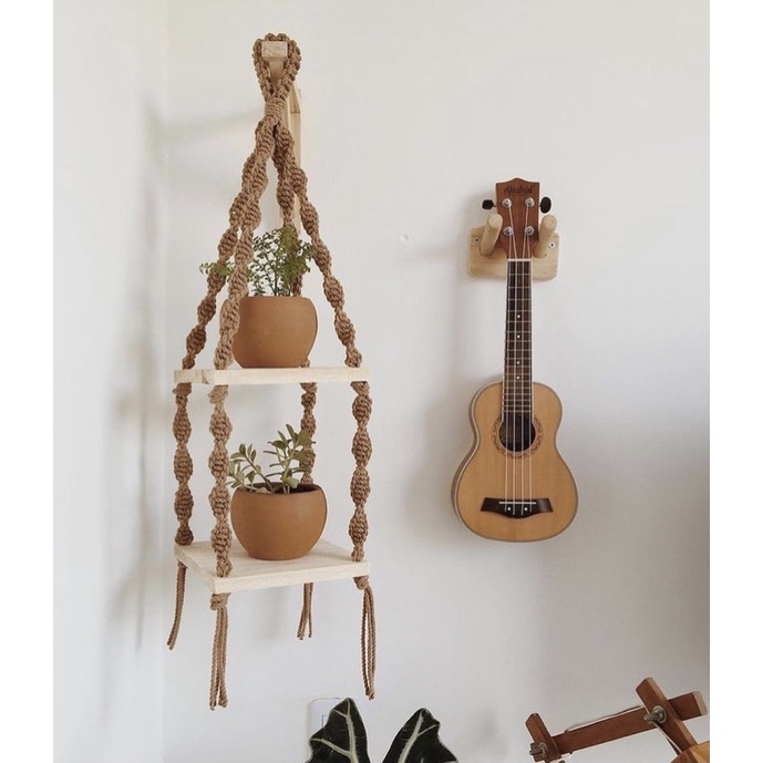 Kệ Gỗ Mini treo kết hợp macrame trang trí size 20x20x60cm