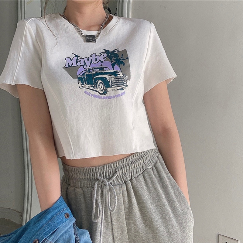 Áo Croptop Ngắn Tay In Hình Phong Cách Hàn Quốc Năng Động