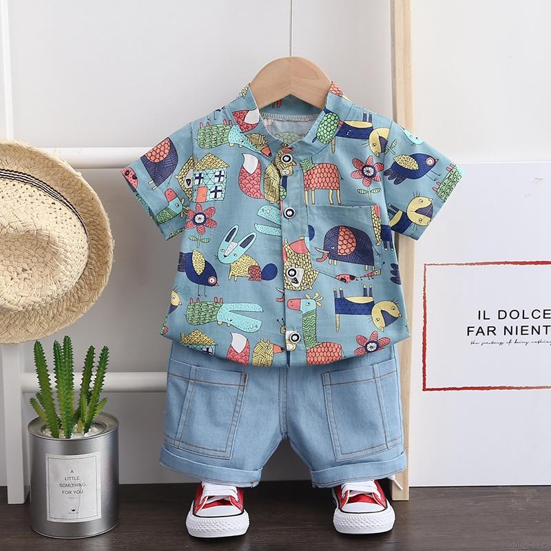 Bộ Áo Sơ Mi Ngắn Tay Cổ Đứng + Quần Short Cho Bé Trai