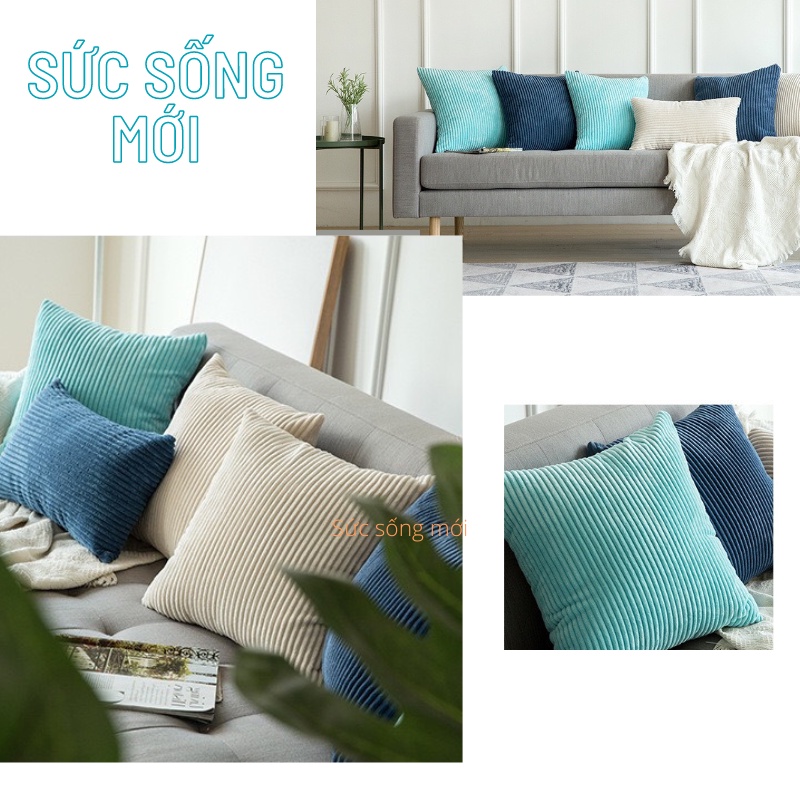 Vỏ gối tựa lưng sofa nhung tăm sọc vuông 45x45cm cao cấp trang trí sofa đủ màu sắc