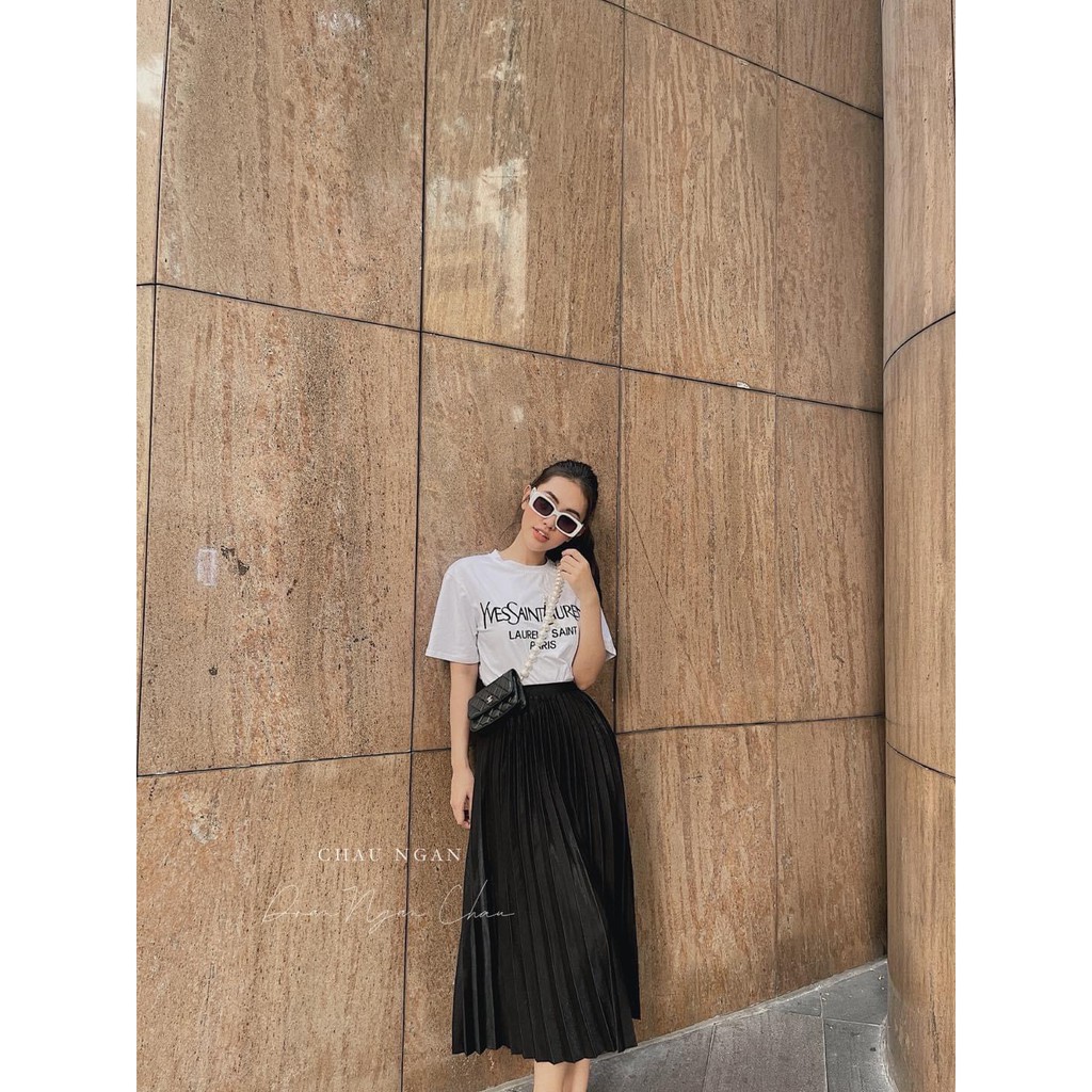 Set áo phông chữ mix chân váy xếp ly dáng dài LD160