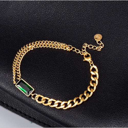 Lắc Tay Dây Xích Đính Đá Nhân Tạo Màu Xanh Lá Titan Ko Đen TT 3511