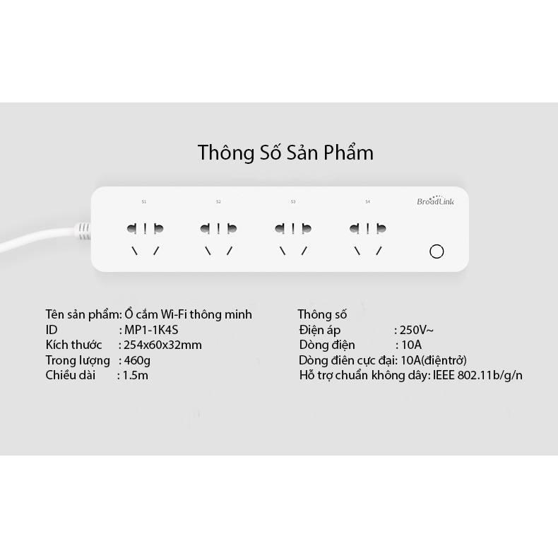 Ổ điện thông minh Broadlink MP1 điều khiển bật tắt qua wifi internet - Hàng nhập khẩu