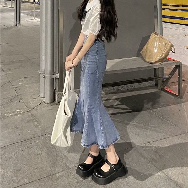 Jiashucheng Chân Váy Denim Đuôi Cá Lưng Cao Co Giãn Xẻ Tà Phong Cách Mới