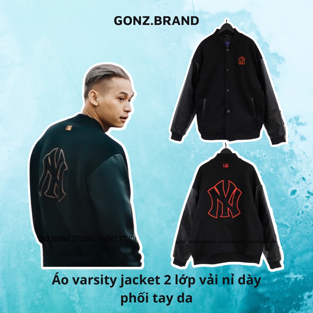 Áo khoác varsity jacket MLB NY nỉ dày dặn phối tay da,Áo bomber nỉ form rộng nam nữ unisex