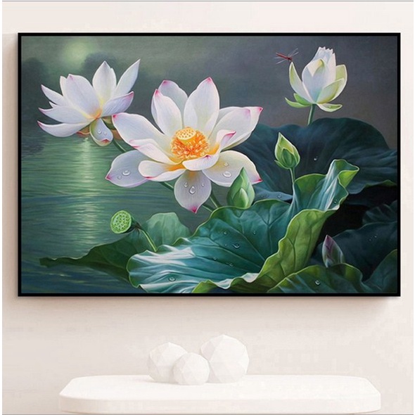 Tranh Thêu Chữ Thập Chỉ Lụa Họa Tiết Hoa Sen Chân Thực Bắt Mắt Tự Làm 11ct 60x45 cm