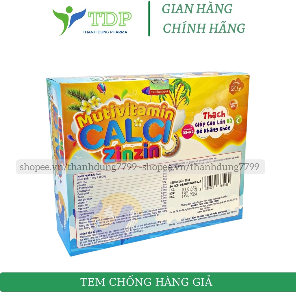 Thạch dinh dưỡng canxi cho bé Calci Zin Zin bổ sung canxi D3 K2 giúp tăng chiều cao và đề kháng khoẻ - hộp 20 gói