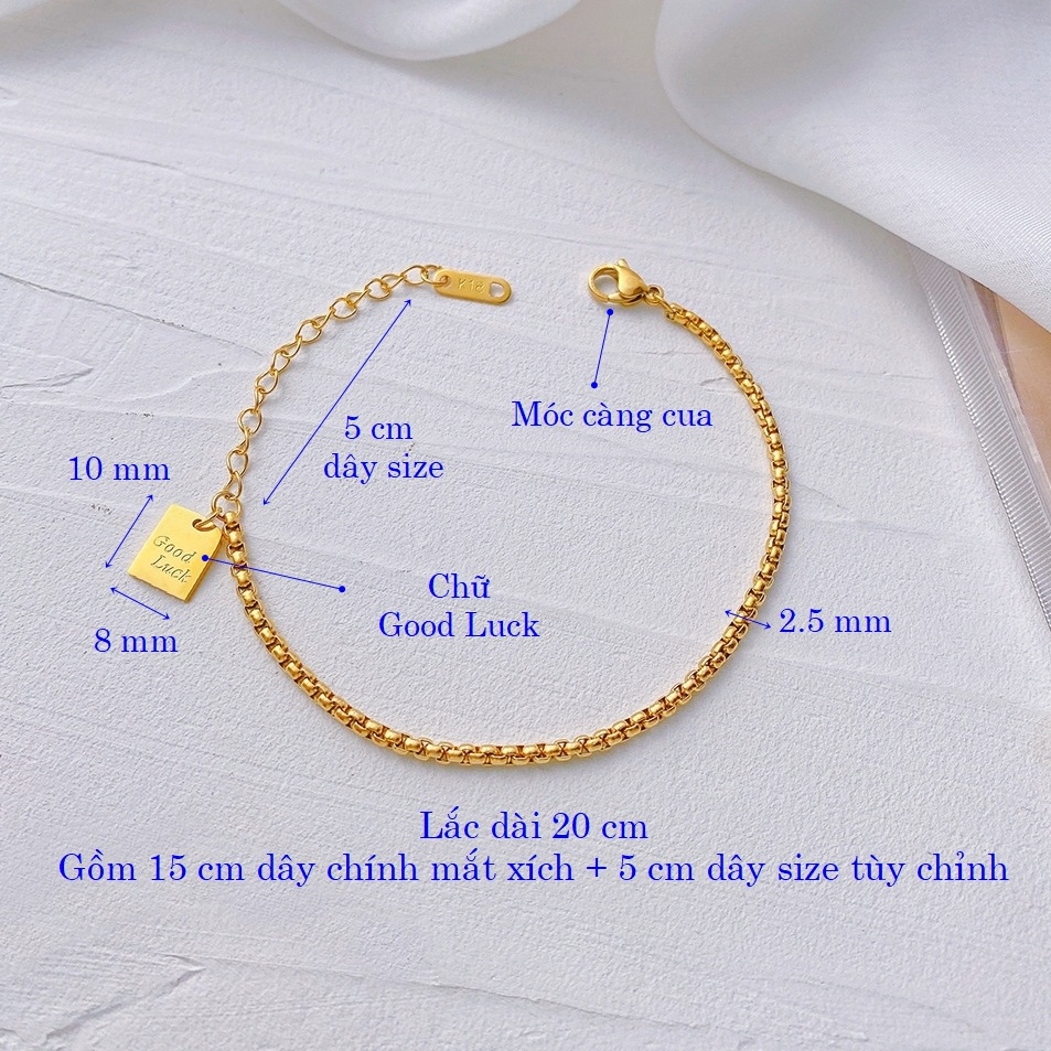 Lắc tay titan nữ mặt chữ Good Luck dây mắt xích không đen gỉ