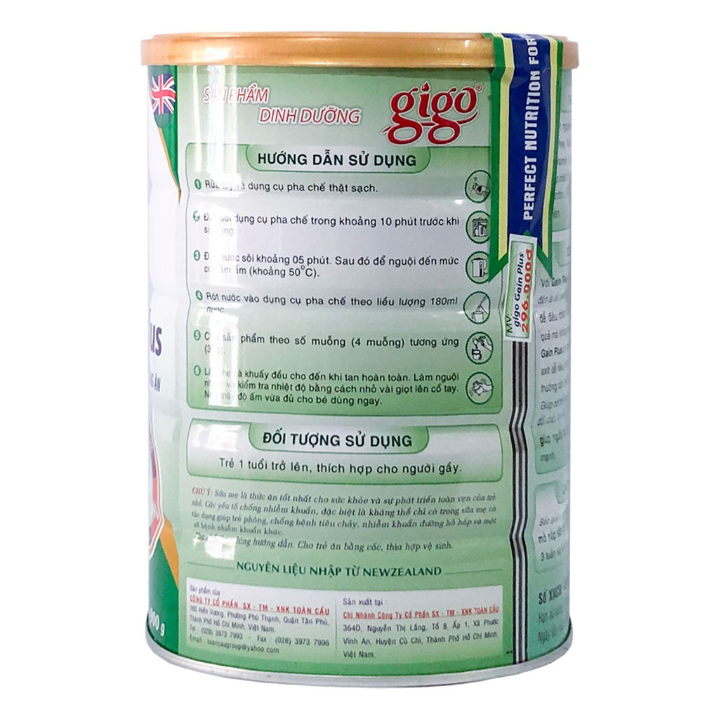 [CHÍNH HÃNG] Sữa Bột Gigo Gain Plus Hộp 900g (Dành cho người gầy - biếng ăn)