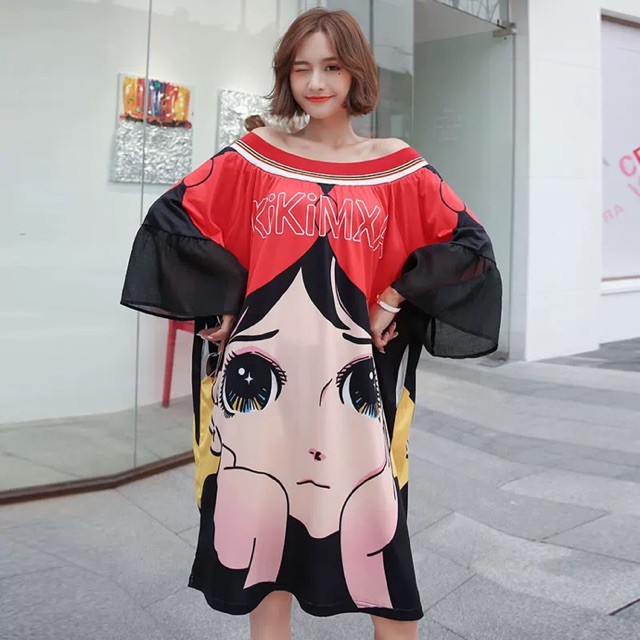 (Order-ảnh thật) Đầm oversize bẹt vai phối tay voan loe hoạ tiết hoạt hình