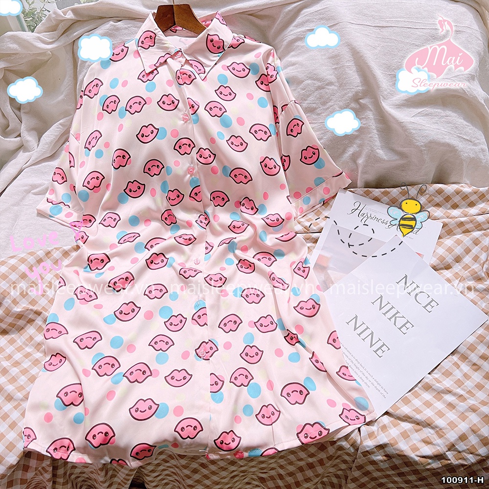 Đầm Ngủ Pyjama MAI SLEEPWEAR Lụa Mặc Nhà Họa Tiết Môi Hồng Trẻ Trung Cao Cấp MS911