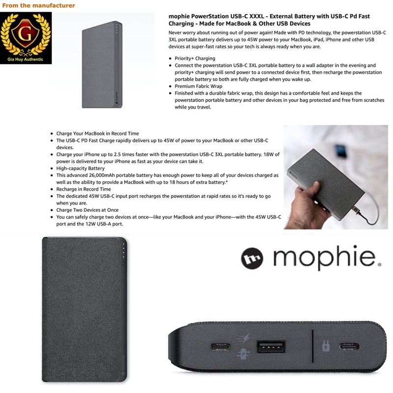 (Used) Pin sạc dự phòng Macbook, iPad, iPhone 12 Series, S10, Note 10 MOPHIE PowerStation 3XL 26000mAh PD 45W (2C + 1A)