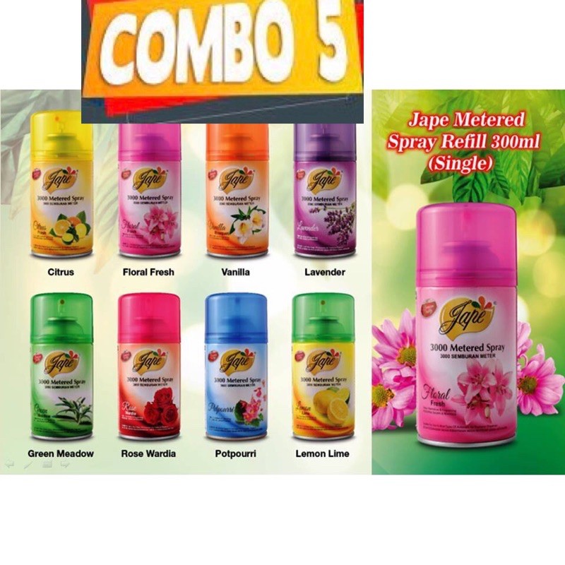 COMBO 5 mùi bất kỳ nước hoa xịt phòng Jape 300ml (Bình xịt, Ruột máy cho máy xịt phòng tự động, DÙNG CHO NHIỀU LOẠI MÁY)